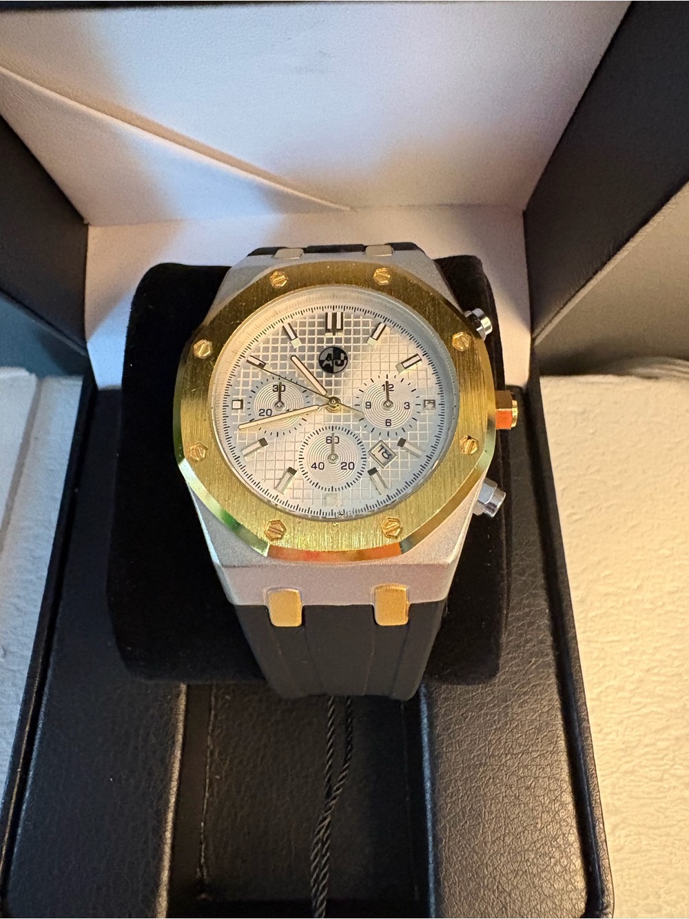 AJ Brand Men's Sport Chronograph Watch with Gold Bezel and Black Strap